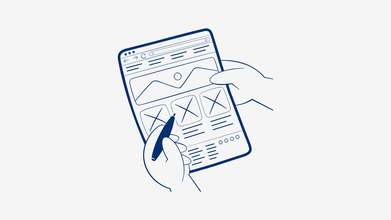 Ilustração mostrando uma mão esboçando um site