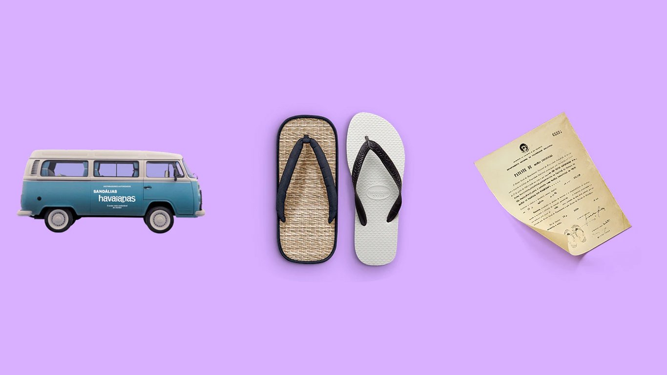 Imagens do site da Havaianas: uma kombi, uma sandália e um documento; um case de PMF brasileiro. 