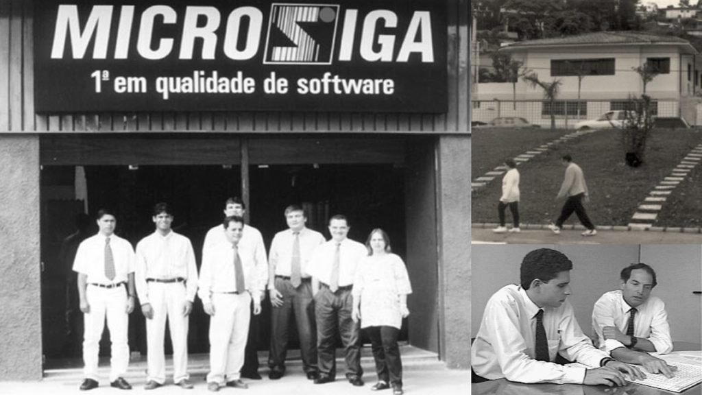 Images antigas da empresa Microsiga. A primeira imagem mostra um grupo de desenvolvedores, ao lado mostra os sócios da companhia e ao fundo uma imagem da antiga sede da empresa nos anos 80.