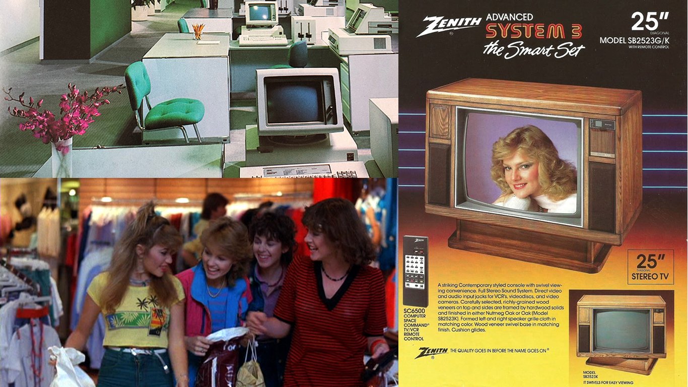 Imagens de propagandas dos anos 80, uma TV da marca Zenith, jovens comprando em shopping.